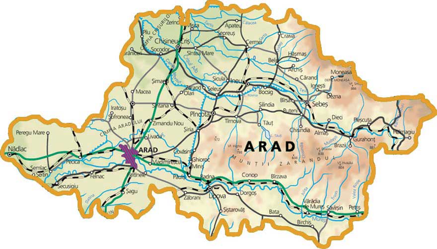 Harta județului Arad cu localitățile deservite de Acoperișuri Vest